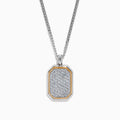 Men’s 925 sterling silver and rose gold plated dog tag pendant necklace features a rectangular design with rounded corners, encrusted with white topaz stones and bordered by a slim rose gold outline.
