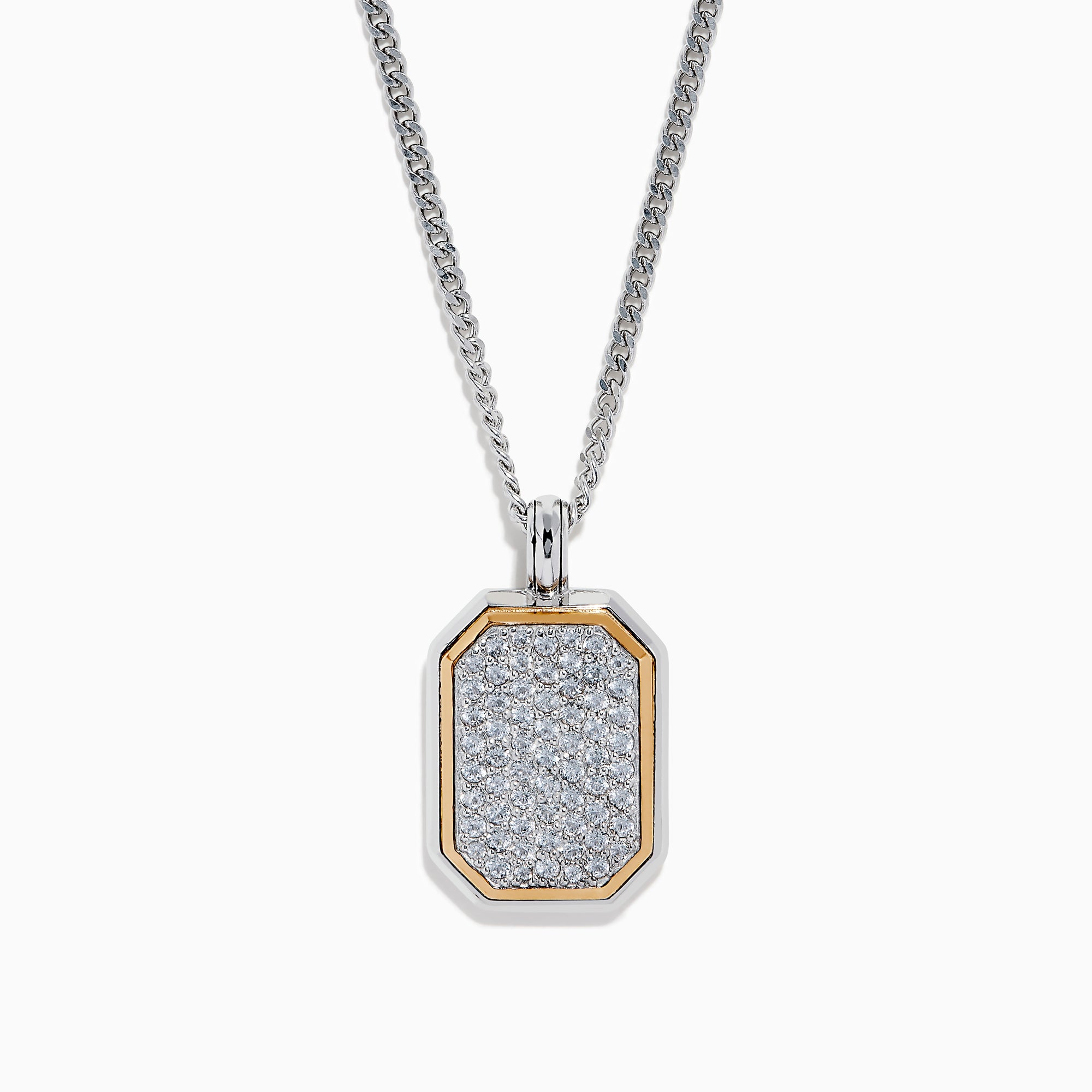 Men’s 925 sterling silver and rose gold plated dog tag pendant necklace features a rectangular design with rounded corners, encrusted with white topaz stones and bordered by a slim rose gold outline.
