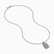Men’s 925 sterling silver and rose gold plated dog tag pendant necklace features a rectangular design with rounded corners, encrusted with white topaz stones and bordered by a slim rose gold outline.