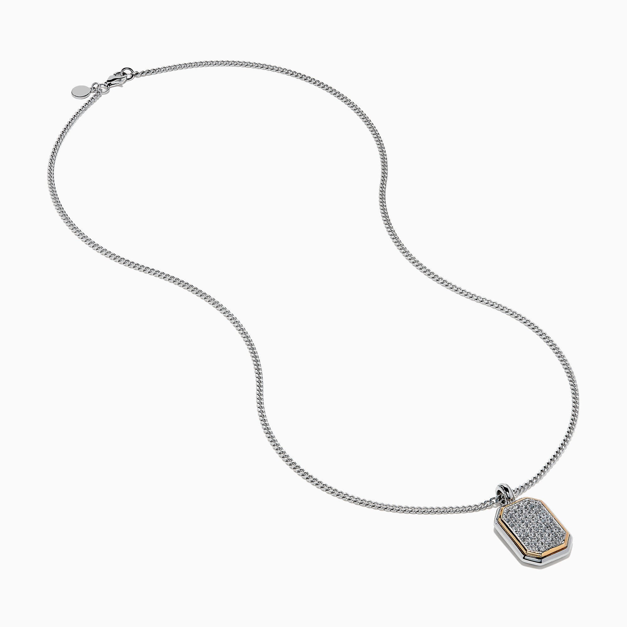 Men’s 925 sterling silver and rose gold plated dog tag pendant necklace features a rectangular design with rounded corners, encrusted with white topaz stones and bordered by a slim rose gold outline.
