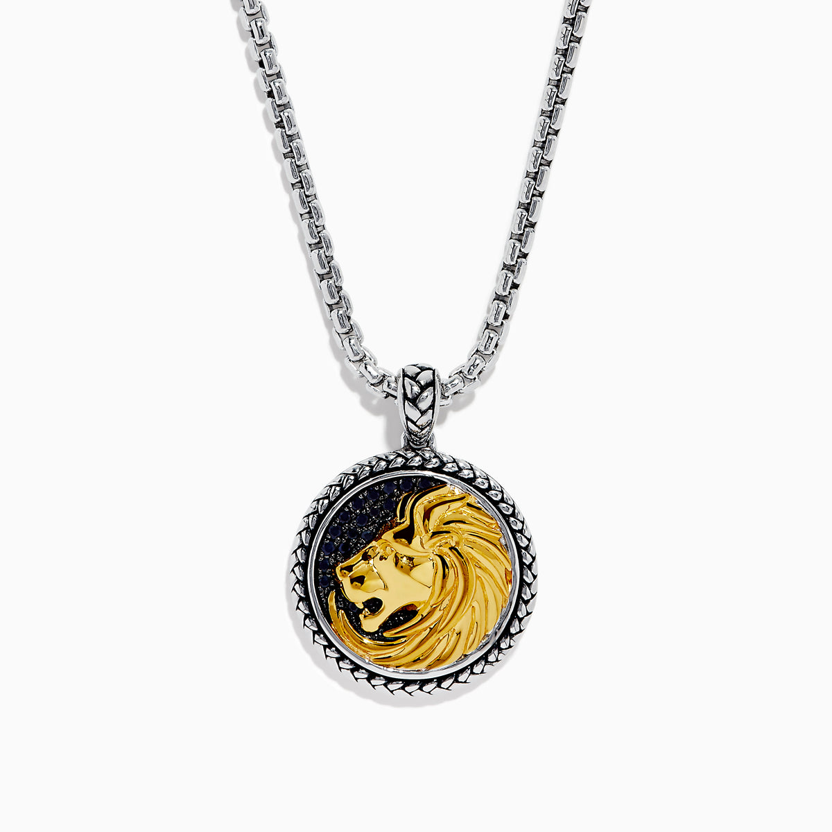 Mens Sterling Silver Sapphire and Yellow Gold Plated Lion Pendant necklace featuring a round lion design with a raised gold lions head on black, bordered by braided silver.