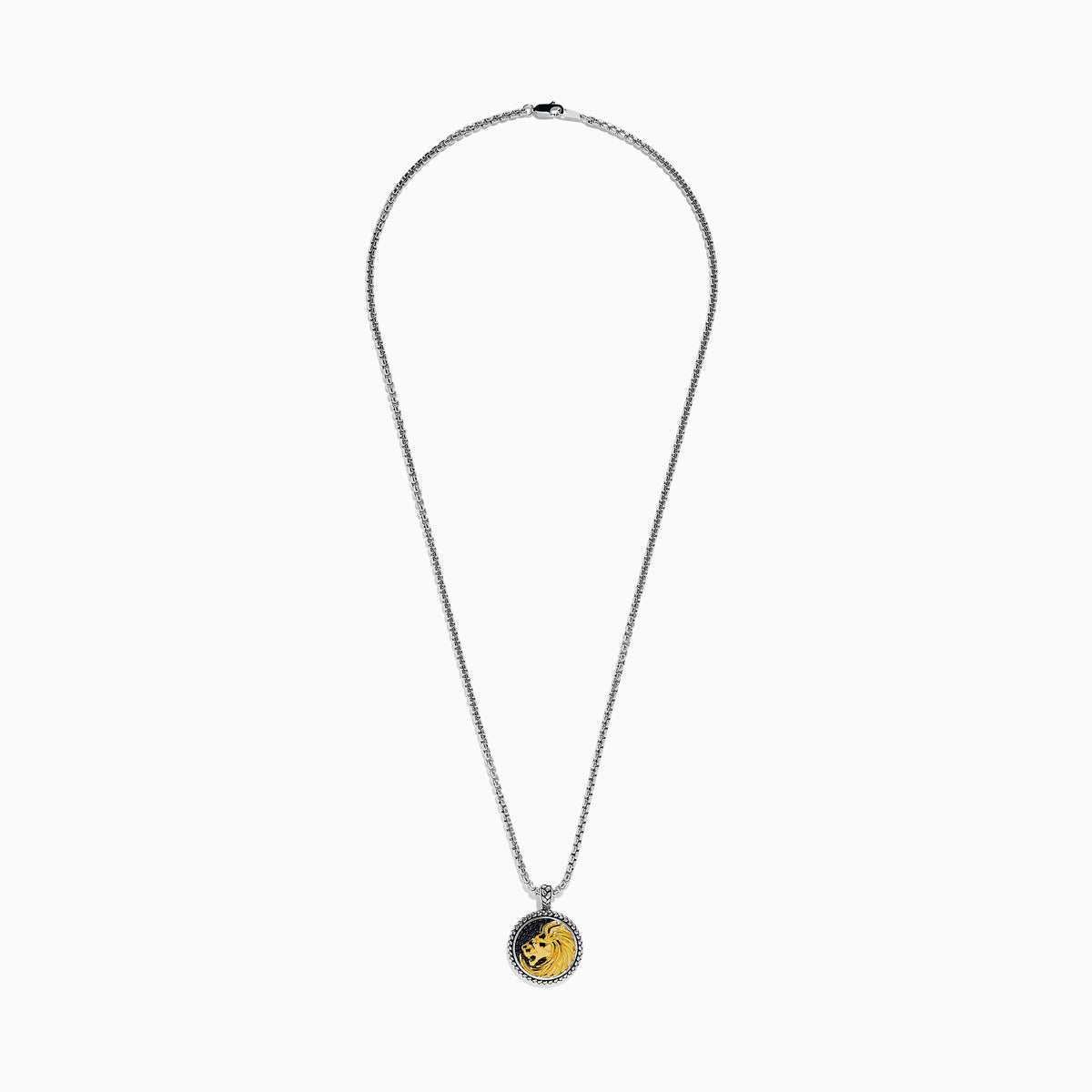 Mens Sterling Silver Sapphire and Yellow Gold Plated Lion Pendant necklace featuring a round lion design with a raised gold lions head on black, bordered by braided silver.
