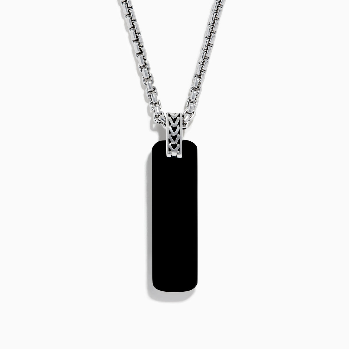 The Mens 925 Sterling Silver Onyx Pendant features a rectangular onyx with rounded corners on a silver chain, shown against a white background—an elegant choice in mens jewelry.