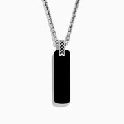 The Mens 925 Sterling Silver Onyx Pendant features a rectangular onyx with rounded corners on a silver chain, shown against a white background—an elegant choice in mens jewelry.