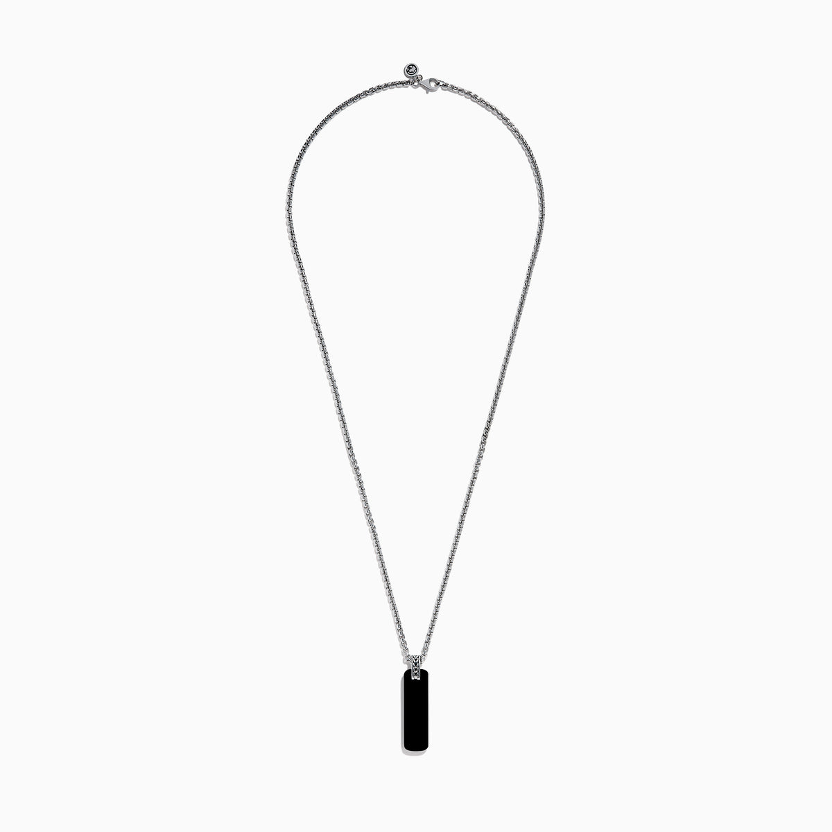 The Mens 925 Sterling Silver Onyx Pendant features a rectangular onyx with rounded corners on a silver chain, shown against a white background—an elegant choice in mens jewelry.