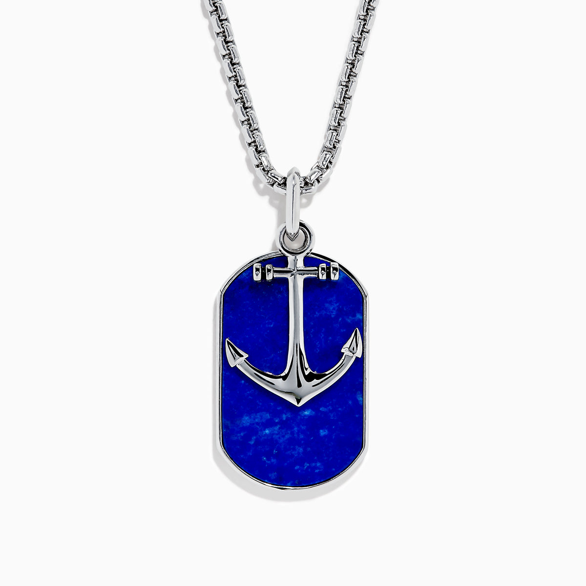 The Mens 925 Sterling Silver Lapis Anchor Pendant is a rectangular lapis pendant with a silver anchor design, crafted from sterling silver and shown on a white background.