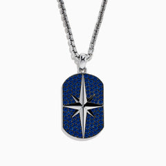 The Mens 925 Sterling Silver Blue Sapphire Pendant features a rectangular design with a blue, gem-studded background and a raised silver star in the center, inspired by Effy Mens style for an elegant look.