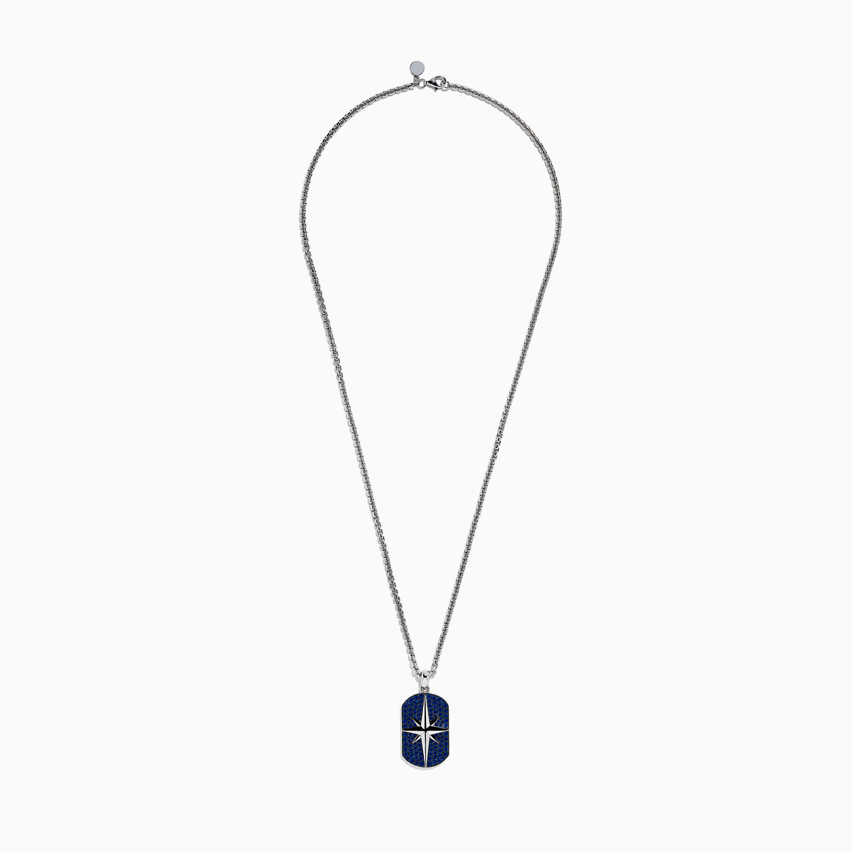 The Mens 925 Sterling Silver Blue Sapphire Pendant features a rectangular design with a blue, gem-studded background and a raised silver star in the center, inspired by Effy Mens style for an elegant look.