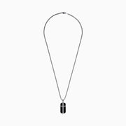 Men's Sterling Silver Onyx and White Sapphire Dog Tag Pendant featuring a rectangular onyx with a silver cross set with white sapphires, shown on a plain white background.