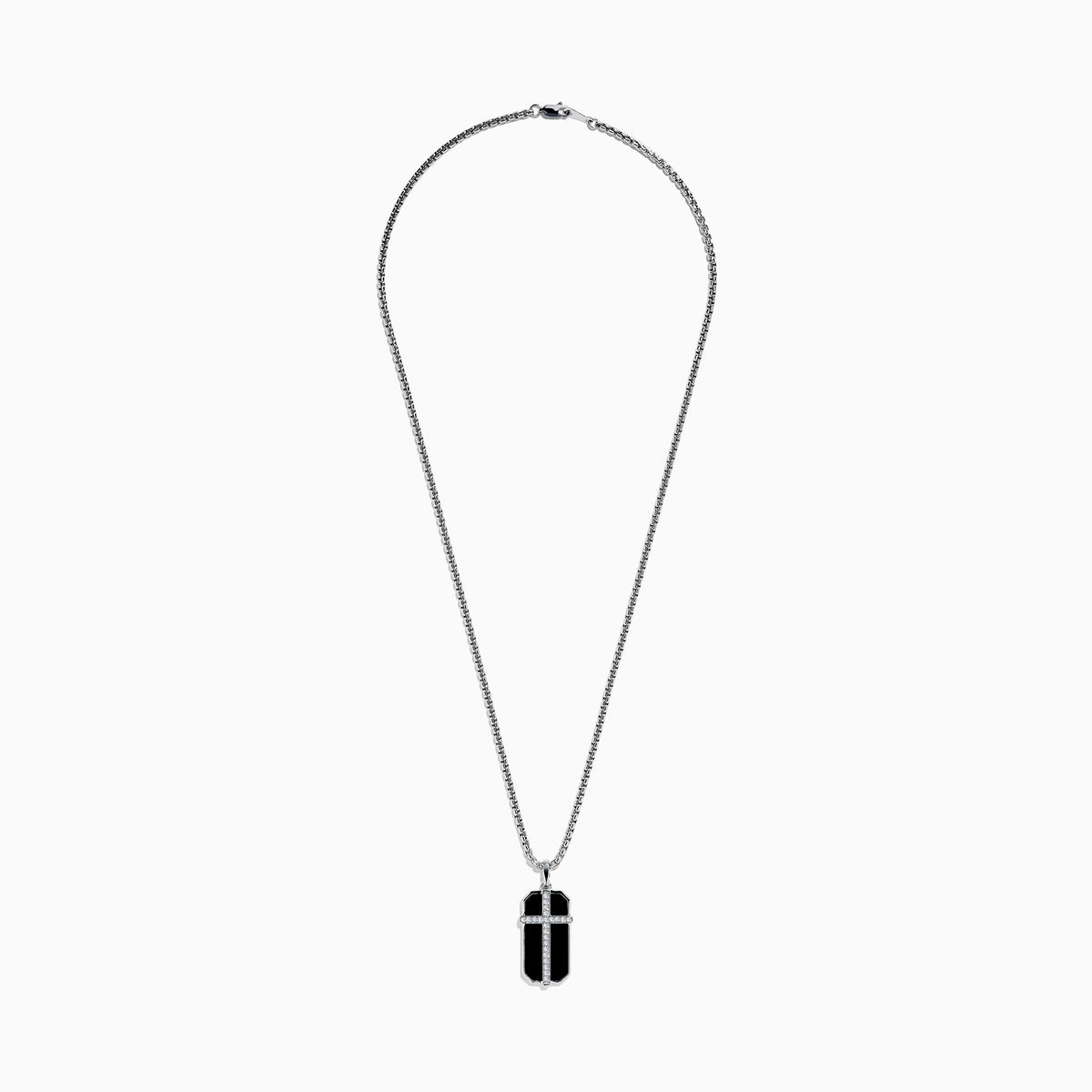 Men's Sterling Silver Onyx and White Sapphire Dog Tag Pendant featuring a rectangular onyx with a silver cross set with white sapphires, shown on a plain white background.