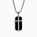 Men's Sterling Silver Onyx and White Sapphire Dog Tag Pendant featuring a rectangular onyx with a silver cross set with white sapphires, shown on a plain white background.