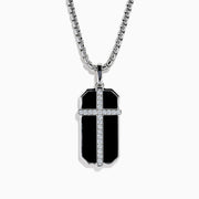 Men's Sterling Silver Onyx and White Sapphire Dog Tag Pendant featuring a rectangular onyx with a silver cross set with white sapphires, shown on a plain white background.