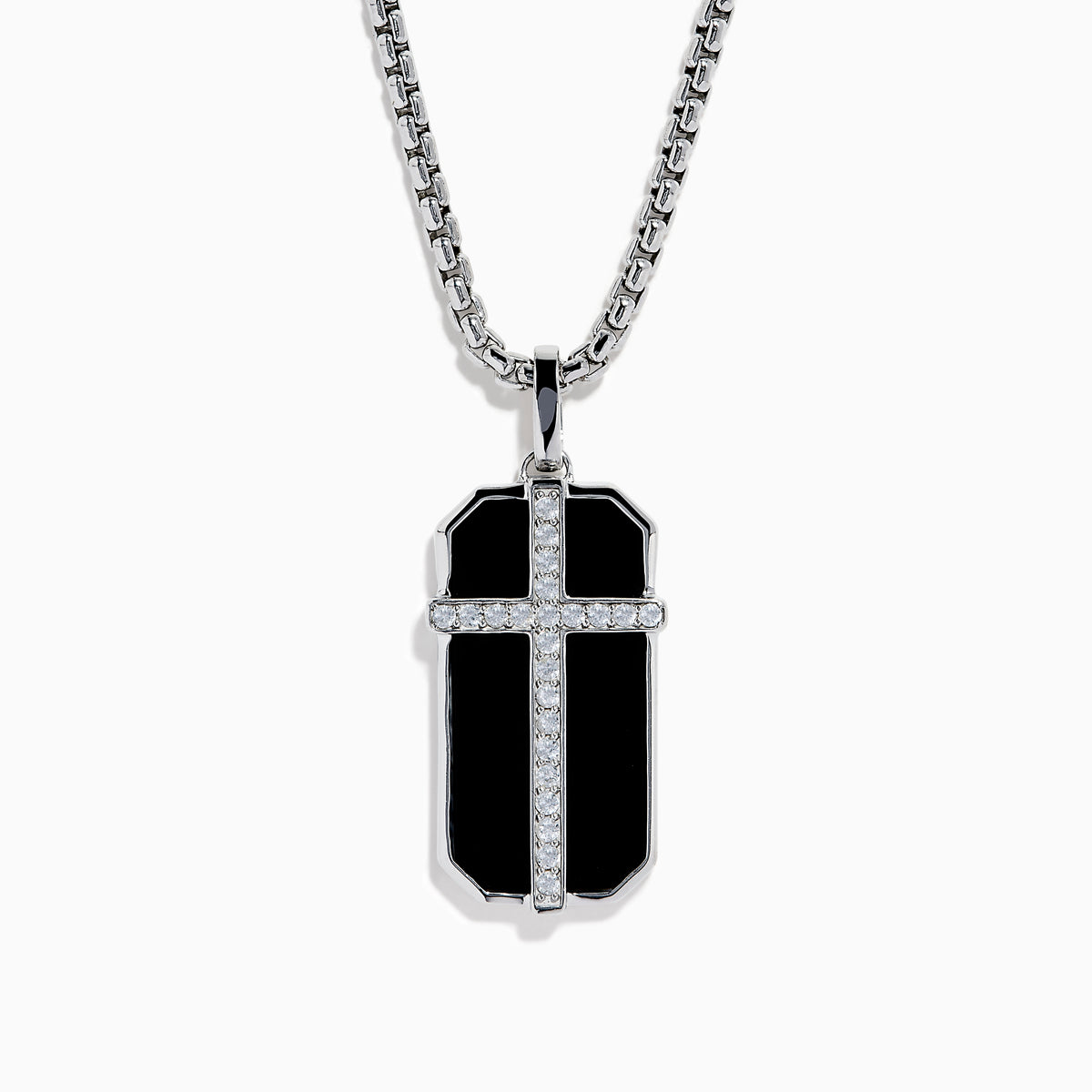 Men's Sterling Silver Onyx and White Sapphire Dog Tag Pendant featuring a rectangular onyx with a silver cross set with white sapphires, shown on a plain white background.