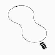 Men's Sterling Silver Onyx and White Sapphire Dog Tag Pendant featuring a rectangular onyx with a silver cross set with white sapphires, shown on a plain white background.