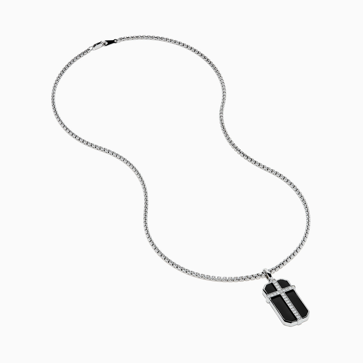 Men's Sterling Silver Onyx and White Sapphire Dog Tag Pendant featuring a rectangular onyx with a silver cross set with white sapphires, shown on a plain white background.