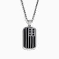 The Mens 925 Sterling Silver Onyx Flag Dog Tag Pendant features a rectangular design with black onyx and a silver stylized American flag displaying four stars and six vertical stripes.