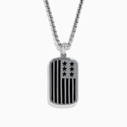 The Mens 925 Sterling Silver Onyx Flag Dog Tag Pendant features a rectangular design with black onyx and a silver stylized American flag displaying four stars and six vertical stripes.