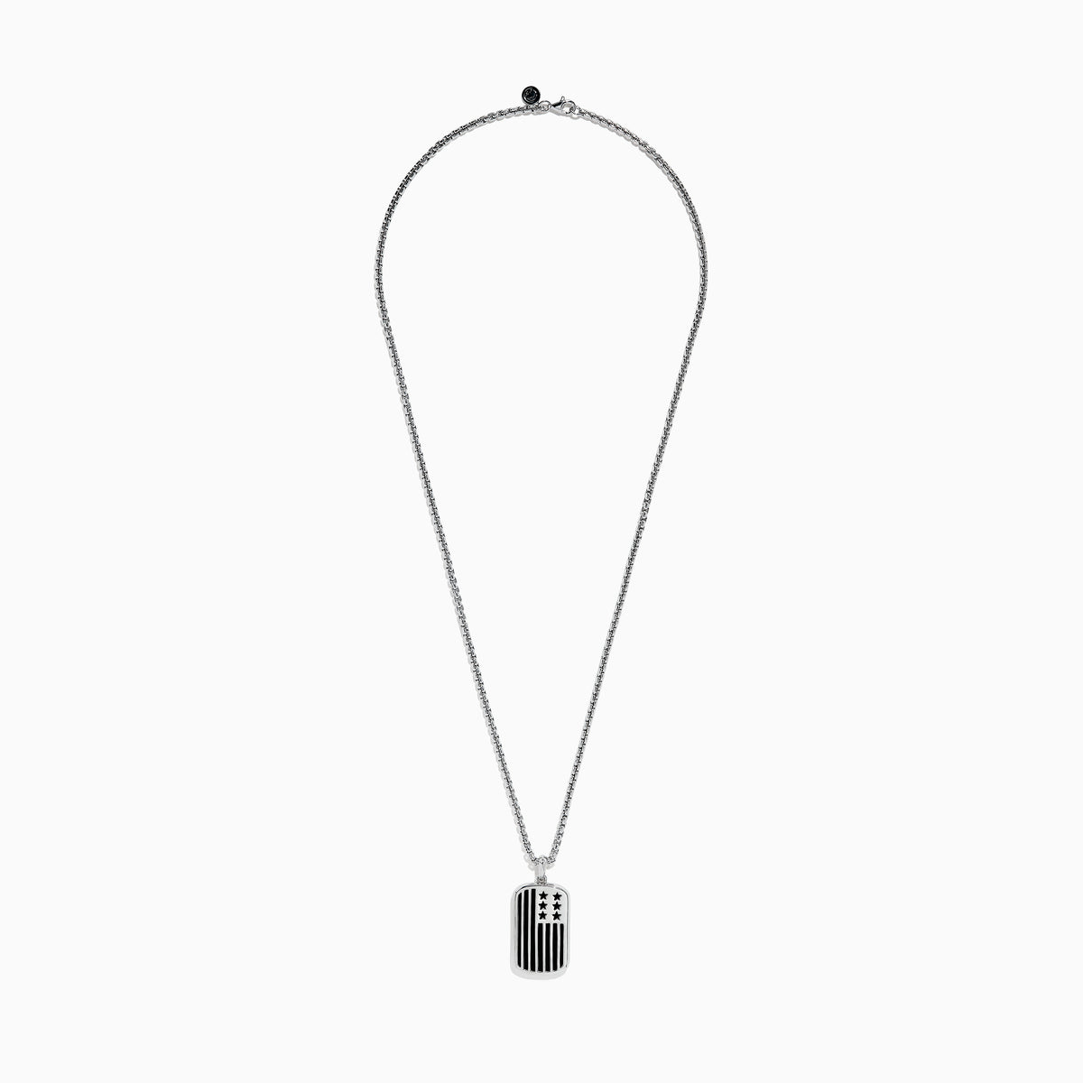 The Mens 925 Sterling Silver Onyx Flag Dog Tag Pendant features a rectangular design with black onyx and a silver stylized American flag displaying four stars and six vertical stripes.
