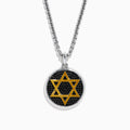 Men’s 925 sterling silver and gold plated Star of David pendant features black spinel on a textured black background, hung from a chain necklace.