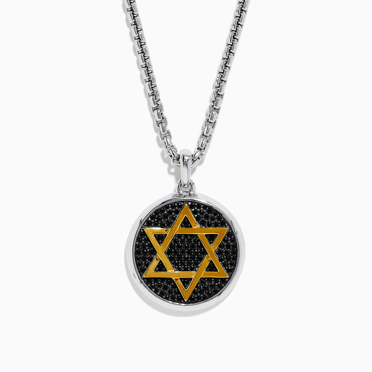 Men’s 925 sterling silver and gold plated Star of David pendant features black spinel on a textured black background, hung from a chain necklace.
