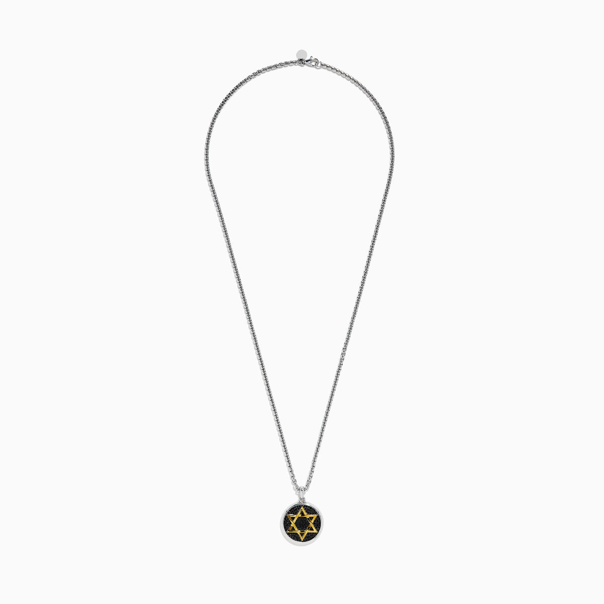 Men’s 925 sterling silver and gold plated Star of David pendant features black spinel on a textured black background, hung from a chain necklace.