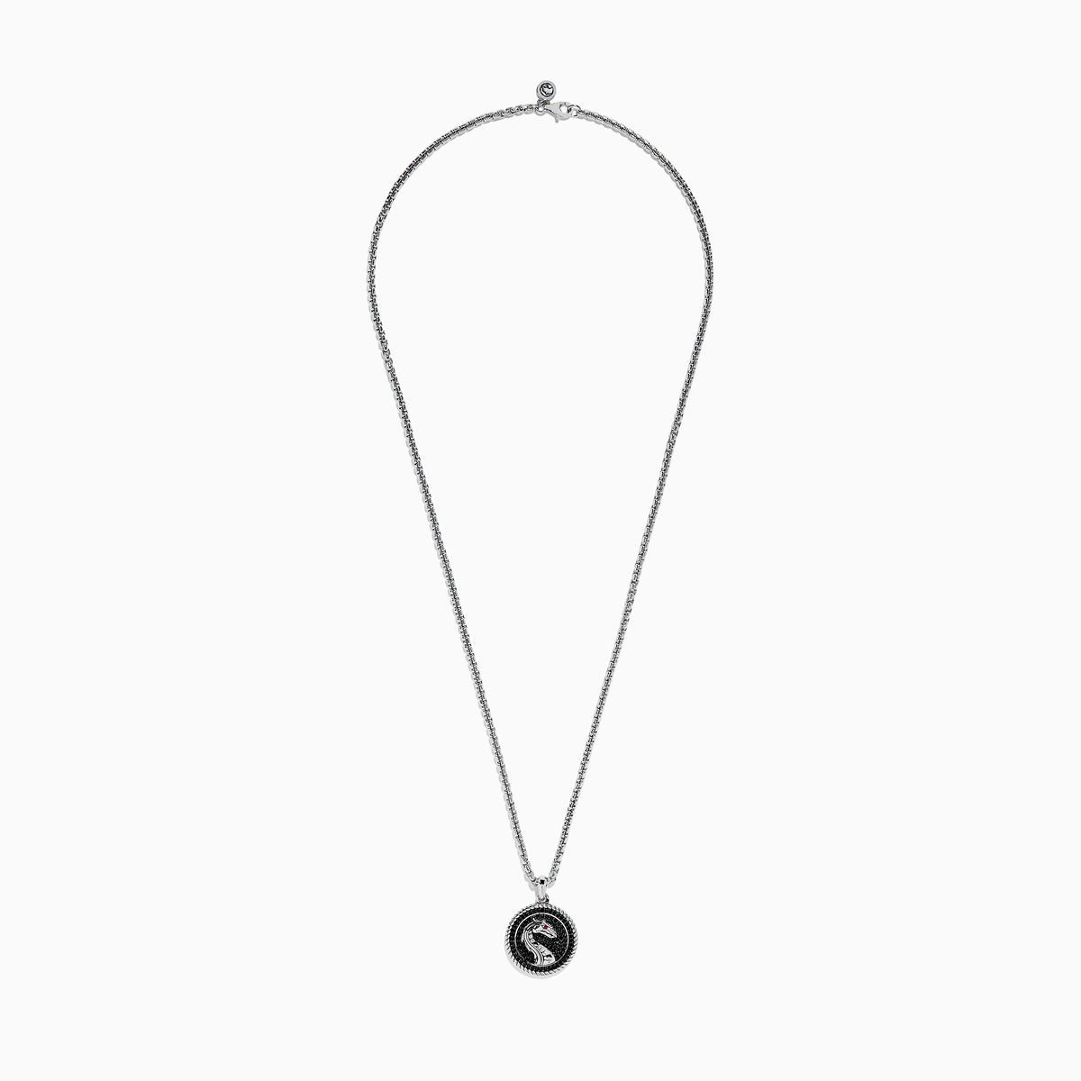 The Mens 925 Sterling Silver Black Spinel and Ruby Pendant features a round dragon design on a textured black background, with a small ruby as the dragons eye, suspended from a sterling silver chain necklace.
