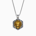 The Mens 925 Sterling Silver and Yellow Gold Lion Pendant features a hexagonal lion design with a detailed yellow gold lion’s head at the center, framed by a sleek sterling silver border on a matching chain.