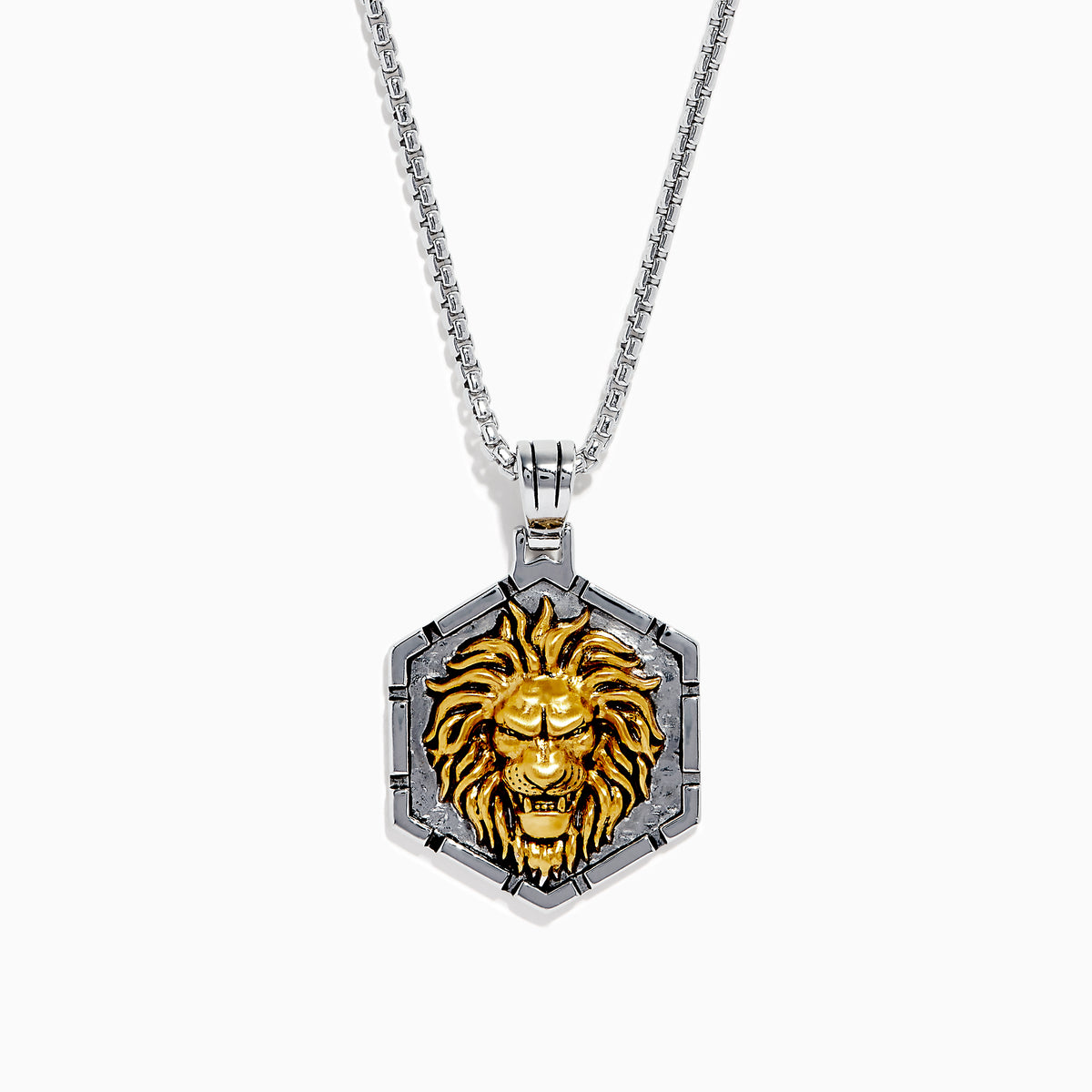The Mens 925 Sterling Silver and Yellow Gold Lion Pendant features a hexagonal lion design with a detailed yellow gold lion’s head at the center, framed by a sleek sterling silver border on a matching chain.