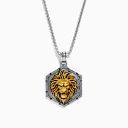 The Mens 925 Sterling Silver and Yellow Gold Lion Pendant features a hexagonal lion design with a detailed yellow gold lion’s head at the center, framed by a sleek sterling silver border on a matching chain.