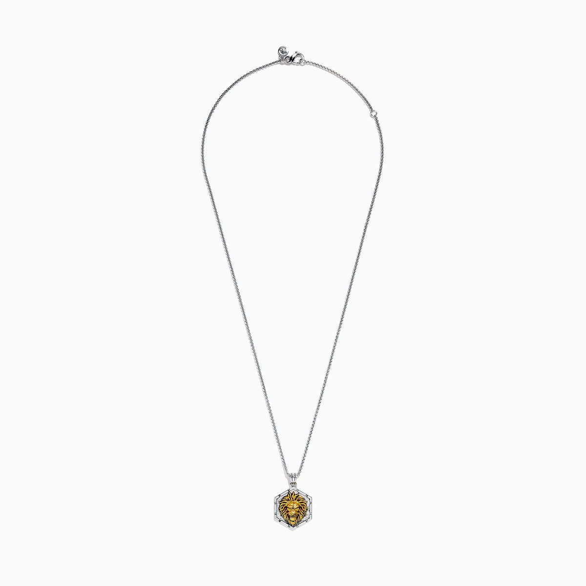 The Mens 925 Sterling Silver and Yellow Gold Lion Pendant features a hexagonal lion design with a detailed yellow gold lion’s head at the center, framed by a sleek sterling silver border on a matching chain.