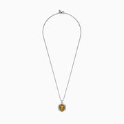 The Mens 925 Sterling Silver and Yellow Gold Lion Pendant features a hexagonal lion design with a detailed yellow gold lion’s head at the center, framed by a sleek sterling silver border on a matching chain.