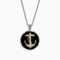 The Mens 925 Sterling Silver White Topaz and Onyx Anchor Pendant features a round onyx pendant with a gold and silver anchor design, accented by small white topaz gemstones.