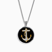 The Mens 925 Sterling Silver White Topaz and Onyx Anchor Pendant features a round onyx pendant with a gold and silver anchor design, accented by small white topaz gemstones.