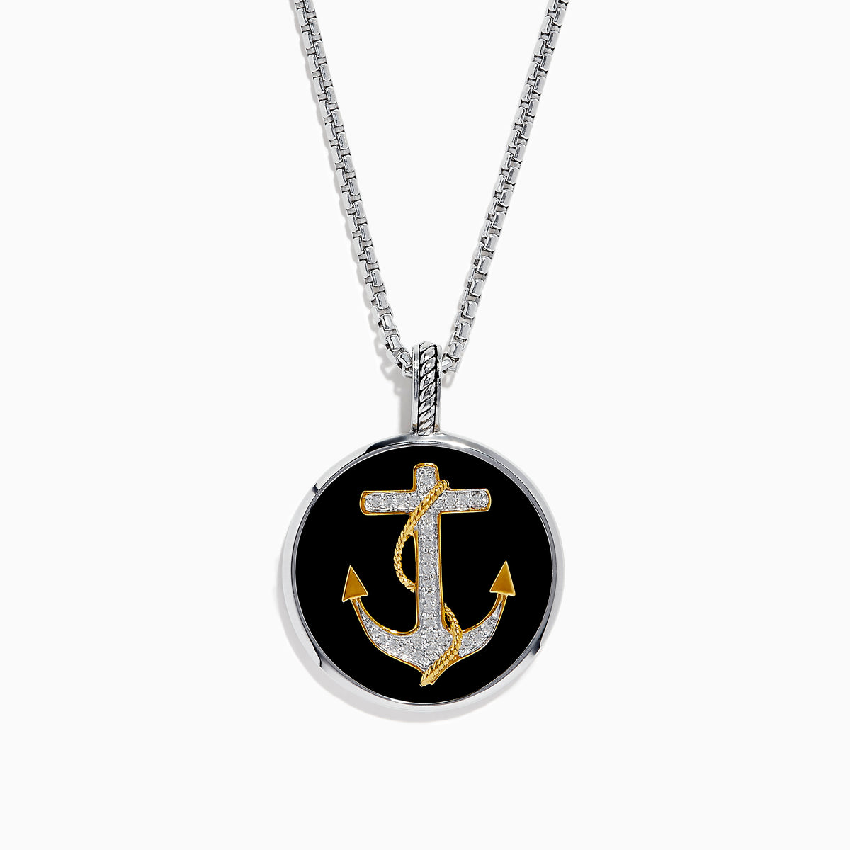 The Mens 925 Sterling Silver White Topaz and Onyx Anchor Pendant features a round onyx pendant with a gold and silver anchor design, accented by small white topaz gemstones.