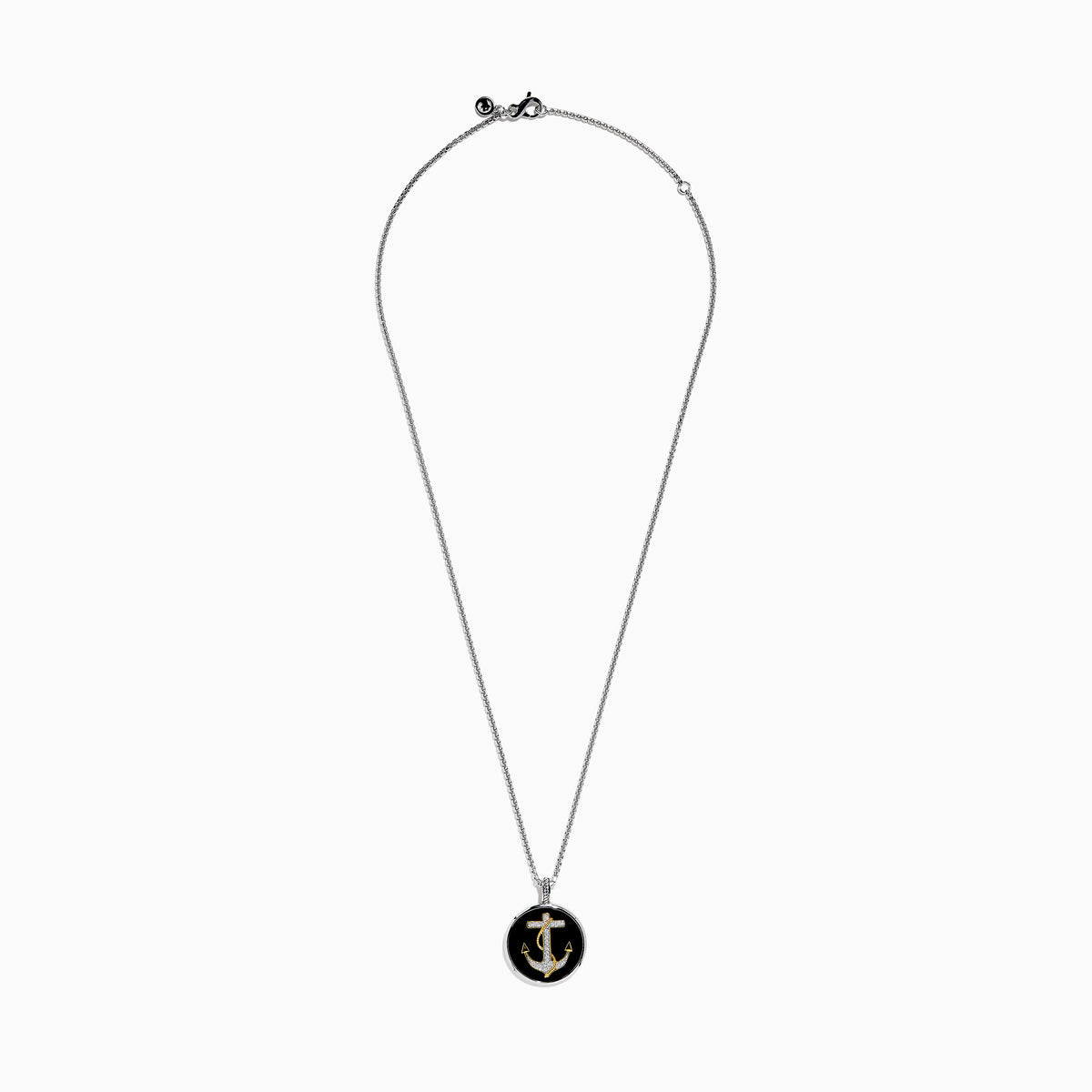 The Mens 925 Sterling Silver White Topaz and Onyx Anchor Pendant features a round onyx pendant with a gold and silver anchor design, accented by small white topaz gemstones.