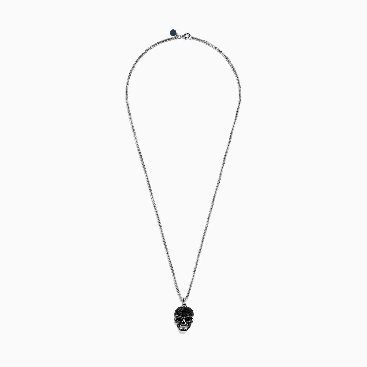 Men's 925 Sterling Silver Black Spinel Skull Pendant displayed on a plain white background, featuring a detailed skull pendant encrusted with small black spinel stones on a sterling silver chain necklace.