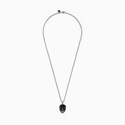 Men's 925 Sterling Silver Black Spinel Skull Pendant displayed on a plain white background, featuring a detailed skull pendant encrusted with small black spinel stones on a sterling silver chain necklace.