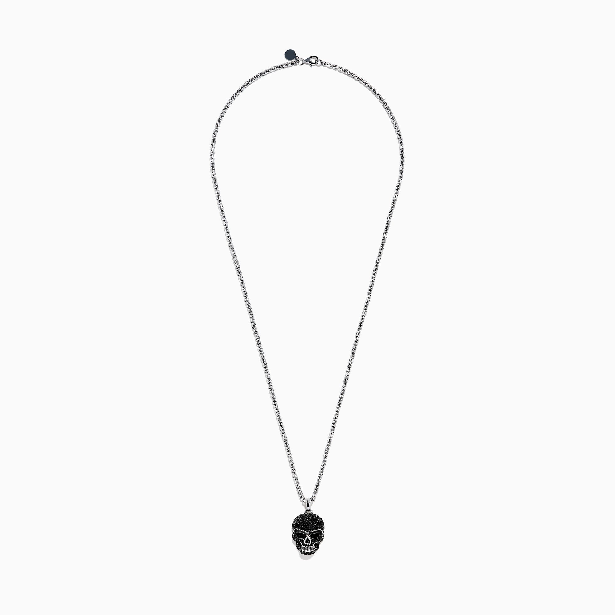 Men's 925 Sterling Silver Black Spinel Skull Pendant displayed on a plain white background, featuring a detailed skull pendant encrusted with small black spinel stones on a sterling silver chain necklace.