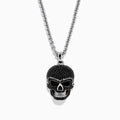 Men's 925 Sterling Silver Black Spinel Skull Pendant displayed on a plain white background, featuring a detailed skull pendant encrusted with small black spinel stones on a sterling silver chain necklace.