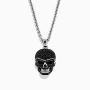 Men's 925 Sterling Silver Black Spinel Skull Pendant displayed on a plain white background, featuring a detailed skull pendant encrusted with small black spinel stones on a sterling silver chain necklace.
