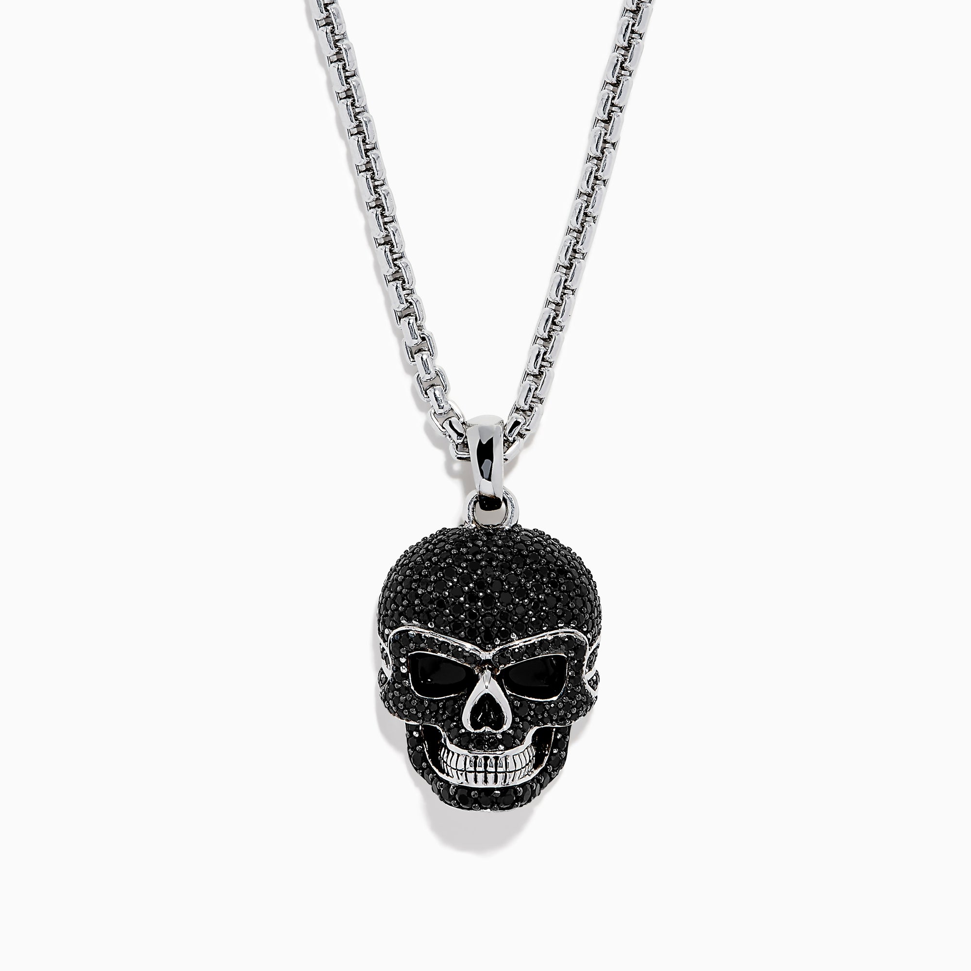 Men's 925 Sterling Silver Black Spinel Skull Pendant displayed on a plain white background, featuring a detailed skull pendant encrusted with small black spinel stones on a sterling silver chain necklace.