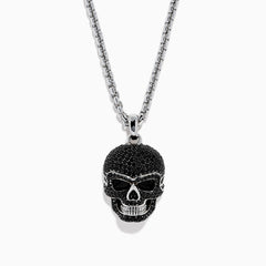 Men's 925 Sterling Silver Black Spinel Skull Pendant displayed on a plain white background, featuring a detailed skull pendant encrusted with small black spinel stones on a sterling silver chain necklace.