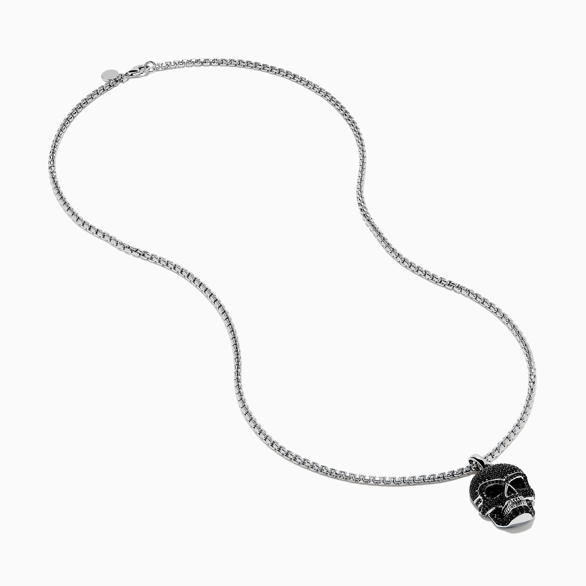 Men's 925 Sterling Silver Black Spinel Skull Pendant displayed on a plain white background, featuring a detailed skull pendant encrusted with small black spinel stones on a sterling silver chain necklace.