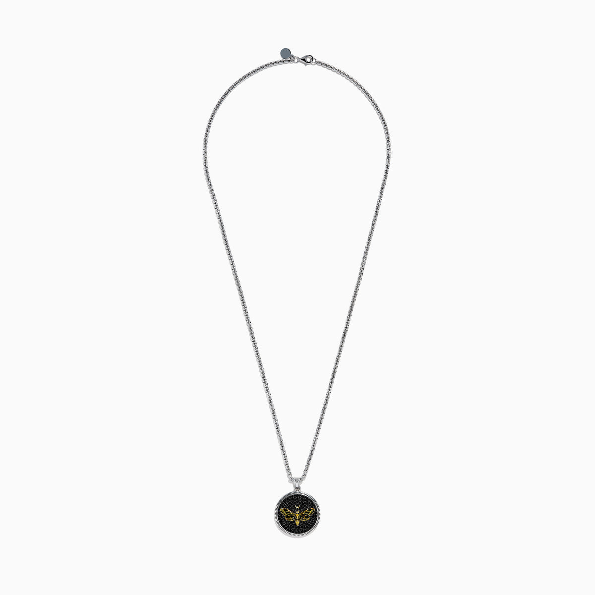 Discover the Men's 925 Sterling Silver Black Spinel Moth Pendant, featuring a detailed moth with a crescent moon above, all set against a black spinel-textured background—a unique and eye-catching accessory.