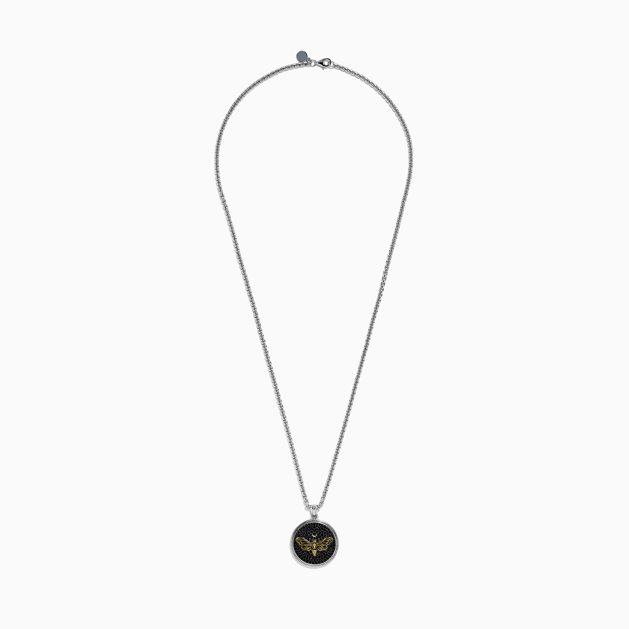 Discover the Men's 925 Sterling Silver Black Spinel Moth Pendant, featuring a detailed moth with a crescent moon above, all set against a black spinel-textured background—a unique and eye-catching accessory.