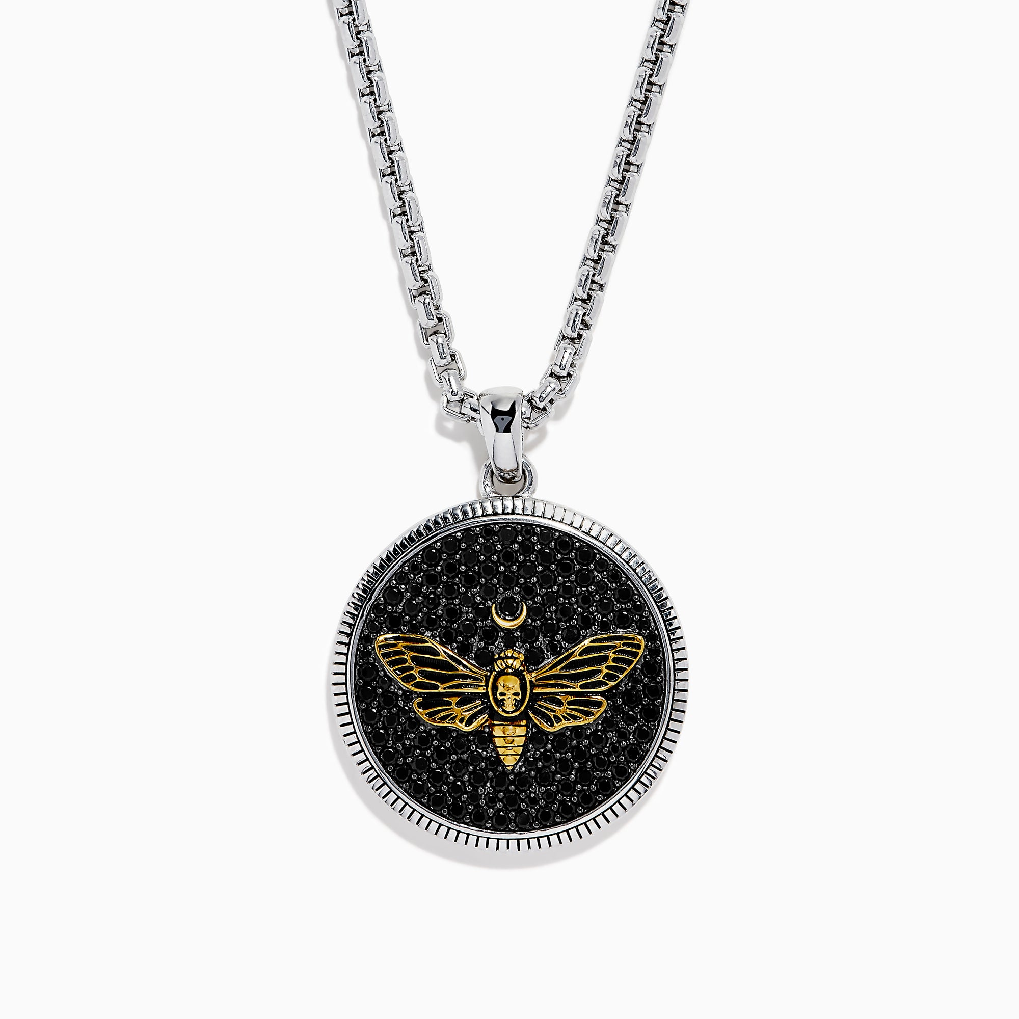 Discover the Men's 925 Sterling Silver Black Spinel Moth Pendant, featuring a detailed moth with a crescent moon above, all set against a black spinel-textured background—a unique and eye-catching accessory.