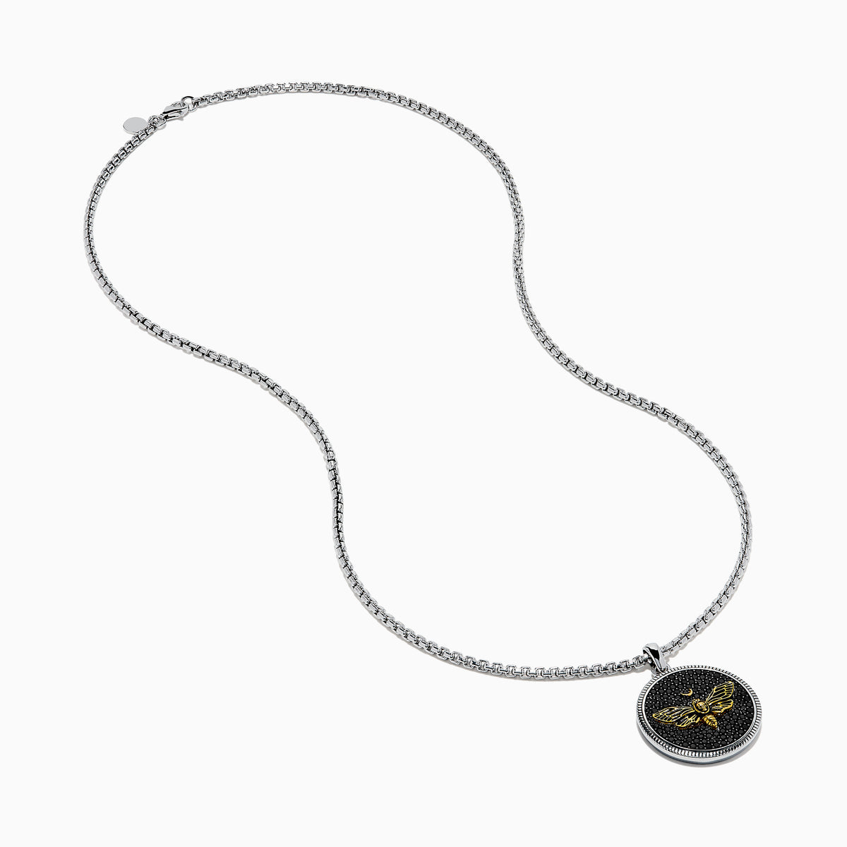 Discover the Men's 925 Sterling Silver Black Spinel Moth Pendant, featuring a detailed moth with a crescent moon above, all set against a black spinel-textured background—a unique and eye-catching accessory.