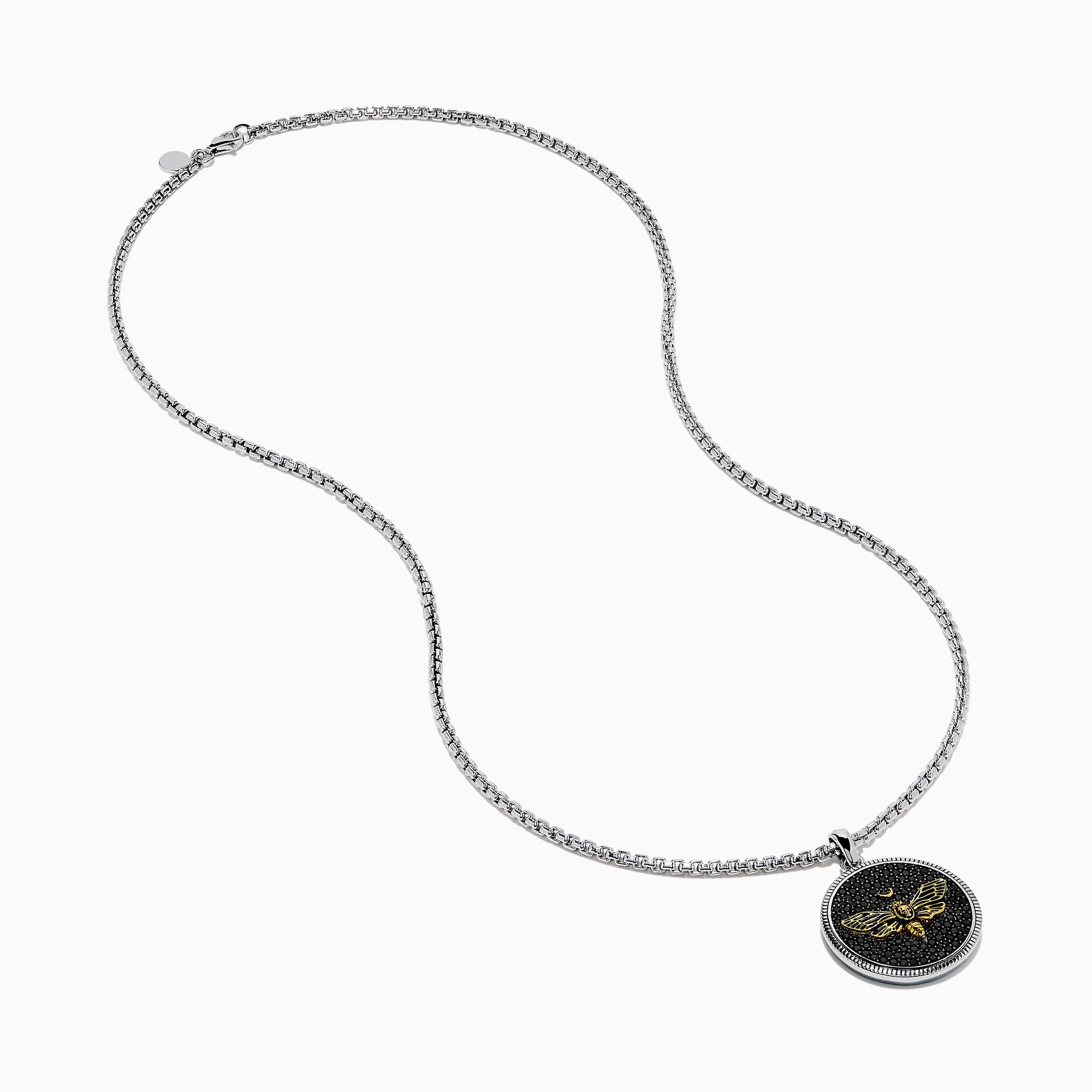 Discover the Men's 925 Sterling Silver Black Spinel Moth Pendant, featuring a detailed moth with a crescent moon above, all set against a black spinel-textured background—a unique and eye-catching accessory.