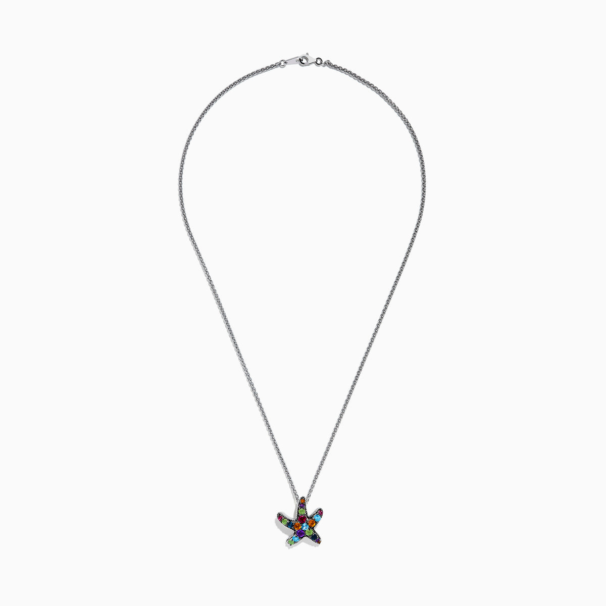 The Mosaic 925 Sterling Silver Multi Color Starfish Pendant necklace features a sterling silver chain and a starfish pendant decorated with blue, green, orange, purple, and red gemstones.