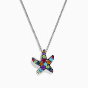 The Mosaic 925 Sterling Silver Multi Color Starfish Pendant necklace features a sterling silver chain and a starfish pendant decorated with blue, green, orange, purple, and red gemstones.